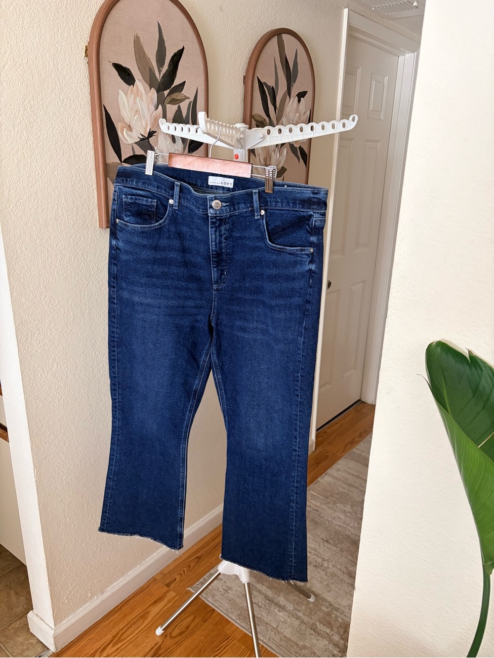 LOFT Dark Blue Cropped Raw Hem Straight Jeans